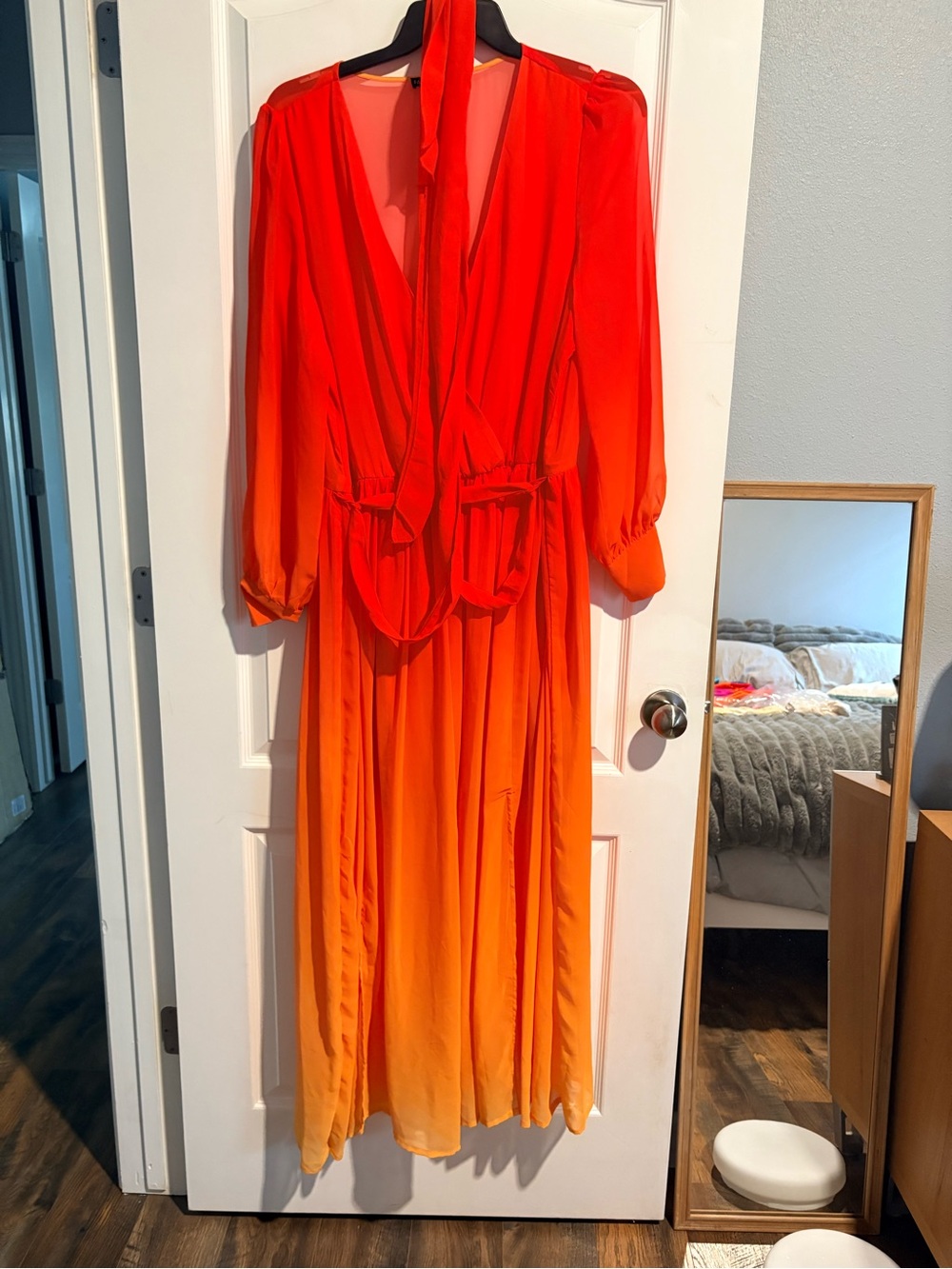 Fashion Nova Red to Orange Ombre Maxi Dress with Tie Neck
